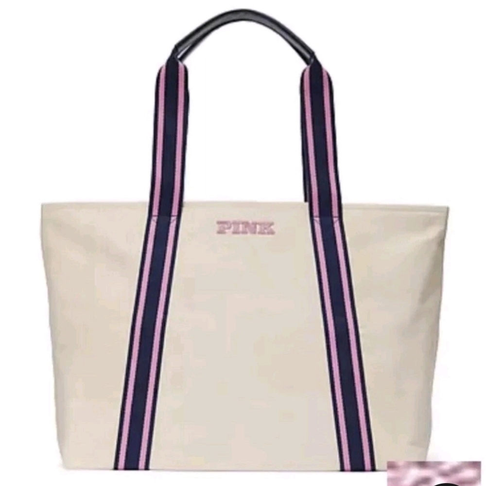 PINK Victoria's Secret Cream Canvas Tote with Pink and Navy Striped Handles